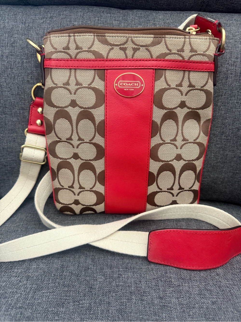 Coach Signature Crossbody Bag in Red and Brown